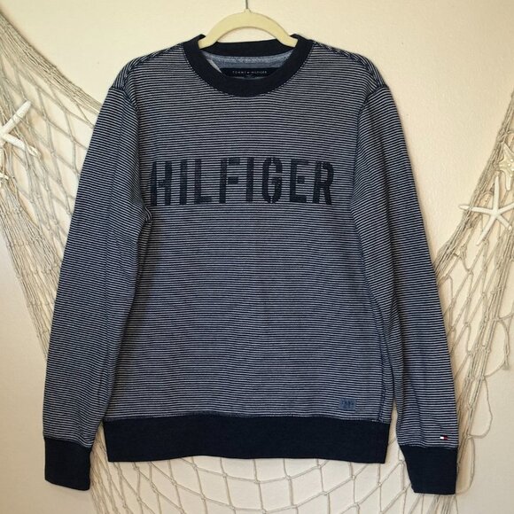 TOMMY HILFIGER Navy & White Stripe Logo French Terry Sweatshirt M - Picture 9 of 9